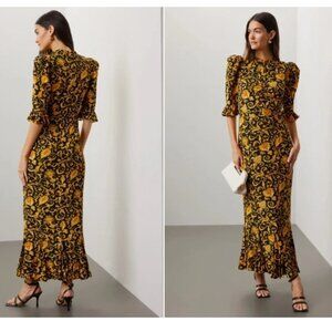 Rhode Felix Dress Maxi 1/2-Sleeve Black Yellow Paisley Size 8 Modest *READ FLAW*